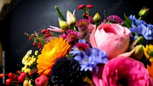 Wallpaper Mural Vibrant floral arrangement featuring roses, daisies, and berries against a dark background, showcasing a rich and diverse color palette. Torontodigital.ca