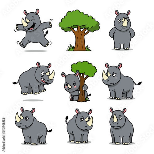set cartoon character of funny rhino on white background