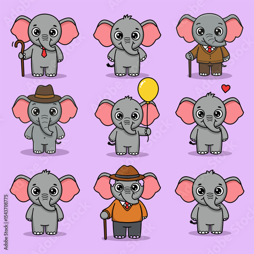 Set of cute elephant  cartoon characters