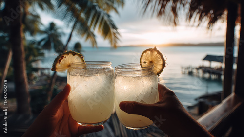 Couple Enjoying Refreshing Coconut Drinks at a Beachside Bar During Sunset