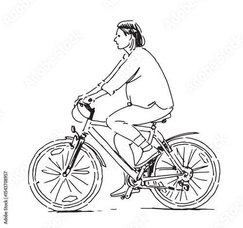 Contour drawing of one townswoman cyclist riding bicycle on city street, side view, realistic hand drawn vector illustration isolated on white
