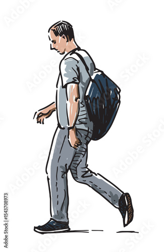 Sketch of alone casual man pedestrian with backpack walking outdoors, side view, realistic hand drawn vector illustration isolated on white