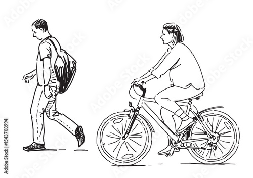 Contour drawings of alone casual man pedestrian with backpack walking and one townswoman cyclist riding bicycle on city street, side view, realistic hand drawn vector illustration isolated on white