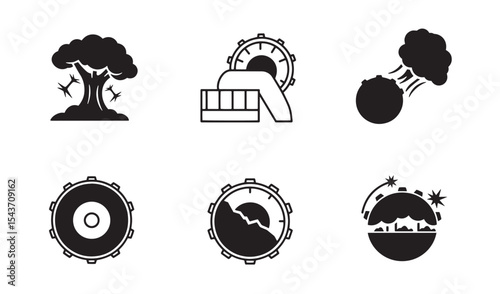 Set of various silhouetted icons depicting environmental and industrial concepts on white background