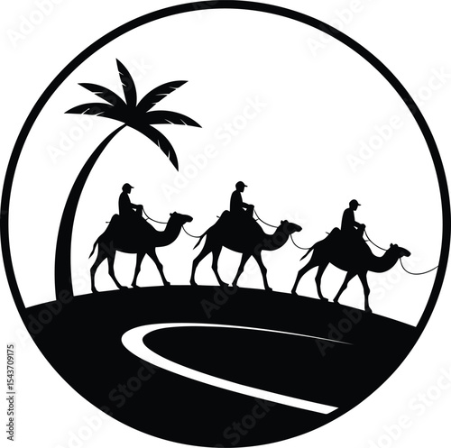 Vector Camel Caravan Silhouette, Desert Journey with Palm Tree and Riders.