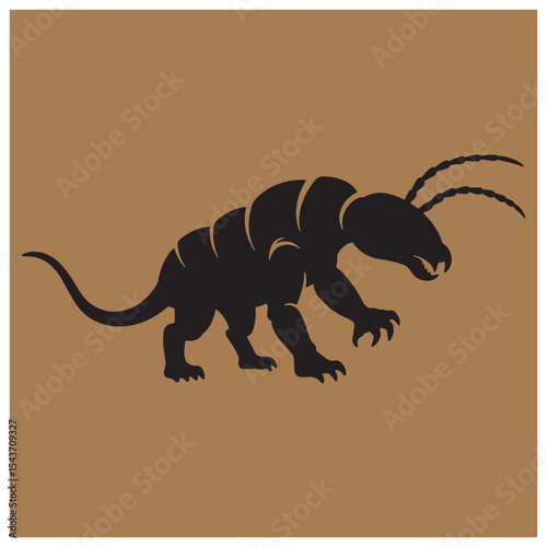 Silhouette illustration of an alien creature with antennas and claws on a brown background