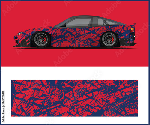 Stylized Red and Blue Race Car with Matching Graphic Design Element