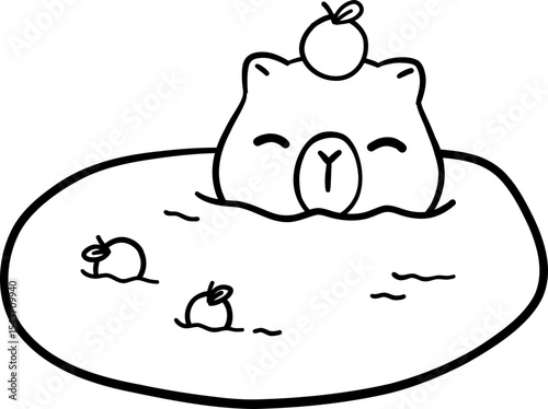 Cute Capybara in Onsen with Orange Outline