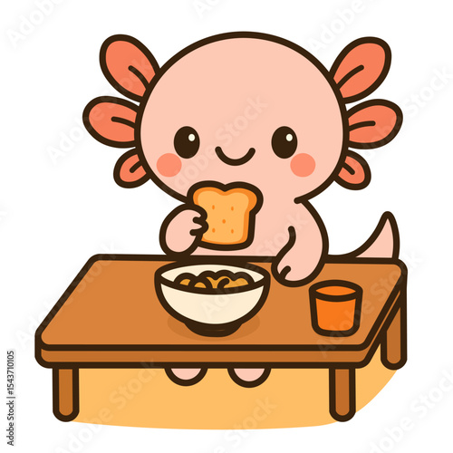 Adorable axolotl eating breakfast at table cute cartoon amphibian having cereal, toast, and juice, perfect for morning routine illustrations, kids food design, kawaii mealtime concept