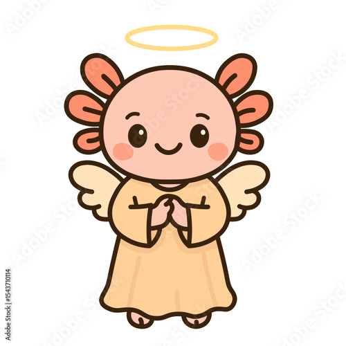 Cute angel axolotl with halo and wings – adorable cartoon character for Christmas, religious holidays, baby blessing, children’s storybook, heavenly creature clipart, and kawaii fantasy theme
