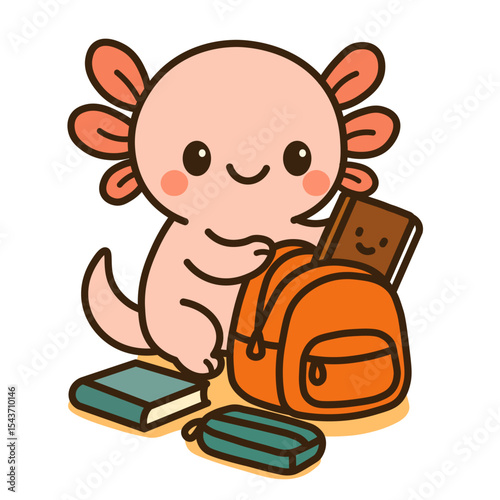 Cute little axolotl with school bag and books. Vector illustration.