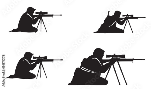 Silhouetted illustrations of a sniper in different positions aiming a rifle with a scope