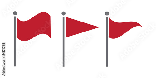 Set of eight red flag icons with various shapes. Flat style design isolated on white background.