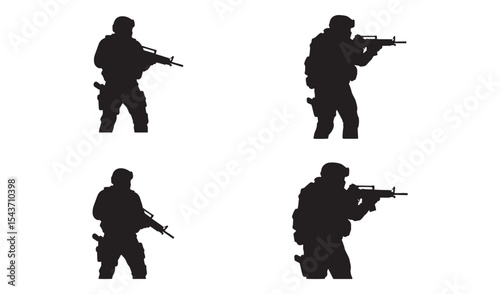 Silhouettes of armed soldiers in various positions on a white background in monochrome style