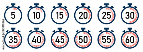 Stopwatch and timer icons with countdown, speed, motion, and hourglass symbols. Ideal for time, deadline, urgency, tracking, or productivity related design and UI projects. Icons, vector.