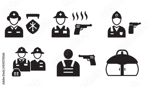 Simple black and white icon set featuring police officers firefighters and medical personnel