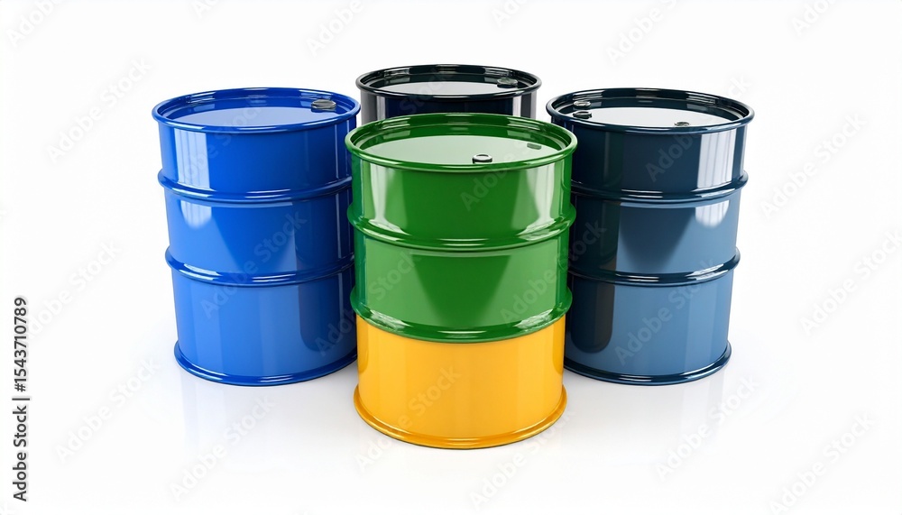 Five colorful industrial barrels grouped together on white Five colorful industrial barrels grouped together on white