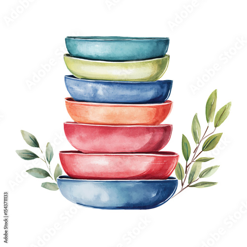 Watercolor stack of bowls with green leaves on transparent background