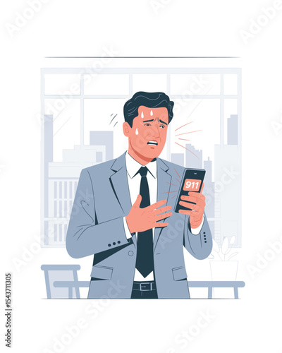 Anxious Businessman Dialing 911 on His Smartphone in Office Environment