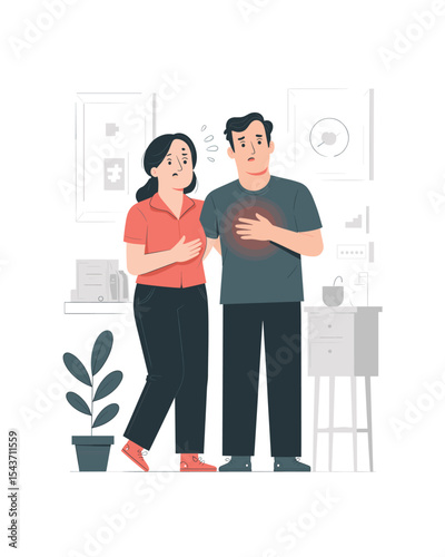 Couple Experiencing Heart Pain, Heartburn, or Panic Attack Illustration, Medical Concern Concept