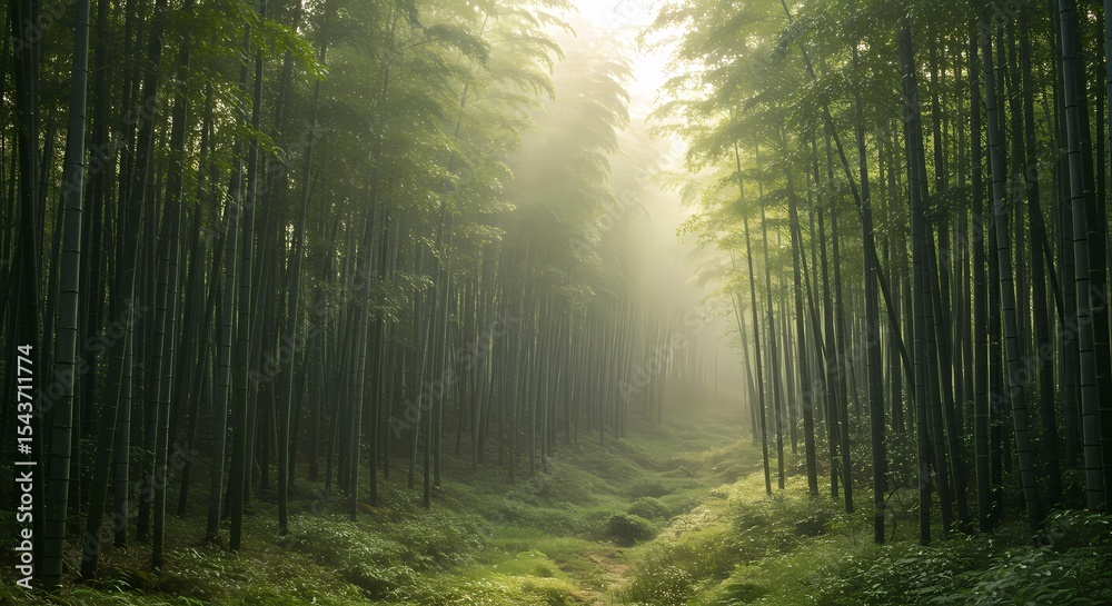 Fototapeta premium Serene Bamboo Forest Path Misty Morning Sunlight Through Tall Trees