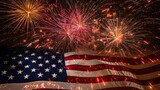 American flag with fireworks in the background.