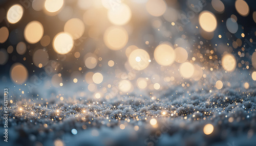 A mesmerizing macro shot capturing a softly illuminated scene filled with glimmering particles resembling snowflakes and bokeh effects.