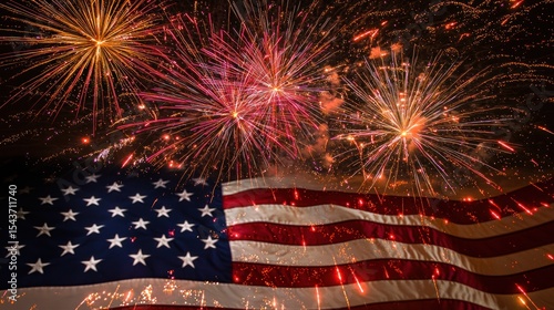 American flag with fireworks in the background.