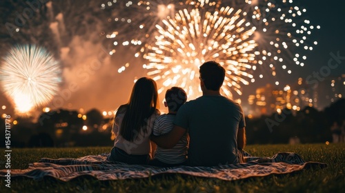 A family of three sitting on a blanket, watching fireworks in a cityscape.
