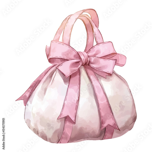 Watercolor illustration of handbag with pink ribbon on transparent background vector