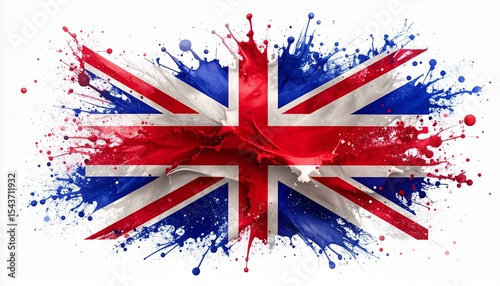 Union Jack flag with dynamic paint splash effect, bold and expressive patriotic art