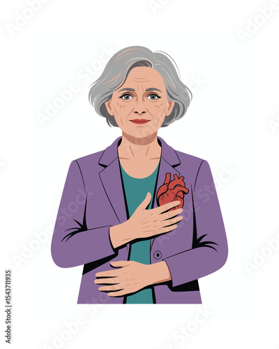 Senior Woman with Heart on Chest: Cardiovascular Health and Wellness Concept