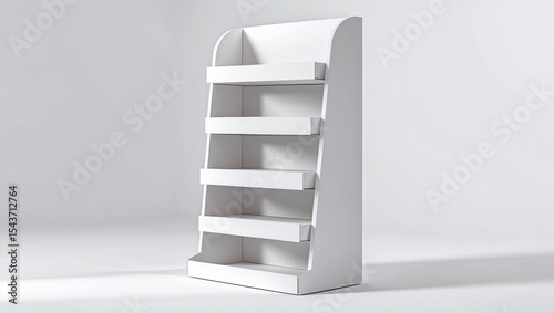 White POS POI Cardboard Floor Display Rack For Supermarket Blank Empty Displays With Shelves Products On White Background Isolated. Ready For Your Design. Product Packing