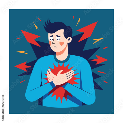 Chest Pain Illustration: Man Experiencing Anguish, Heart Attack, or Emotional Stress
