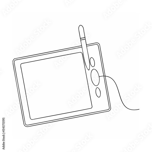 Black Line Art Graphic Drawing of a Tablet and Stylus