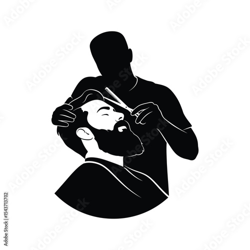 Barber Shop Silhouette Man Getting Haircut Beard Trim Hair Styling Black and White Logo Design