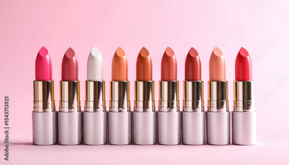 Obraz premium A lineup of ten elegant lipsticks in varying shades from pink to red, showcased against a soft pink backdrop