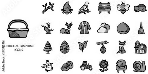 Scribble Autumntime simple concept 24 hand drawn grew color icons set .Vector illustration.
