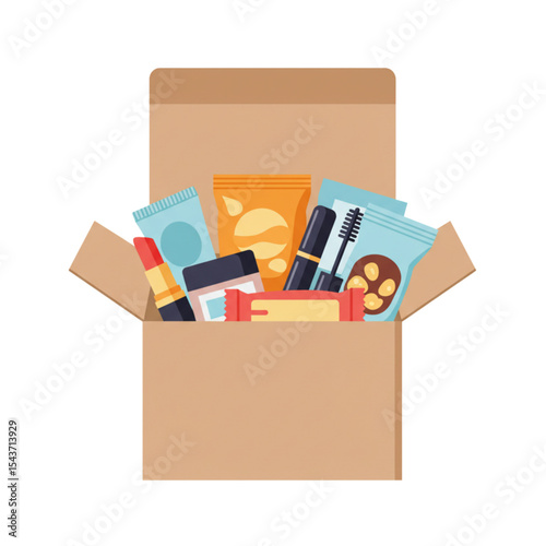 Flat icon of a subscription box containing cosmetic and snack items  