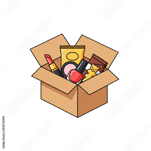 Assorted beauty products and snacks in a cardboard box  