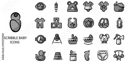 Scribble Baby simple concept 24 hand drawn grew  color icons set .Vector illustration.