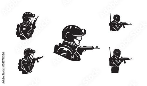 Vector illustration of special forces soldiers with weapons in action and combat position