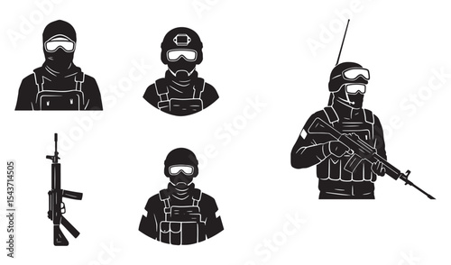 Vector illustration of tactical soldiers with uniforms and military weaponry in silhouette style
