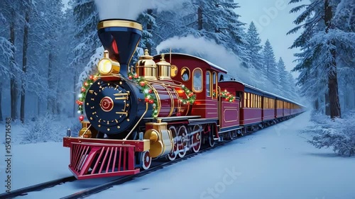 Christmas decorated train traveling through snowy forest landscape. Vintage winter locomotive. Christmas journey concept. Festive holiday scene
