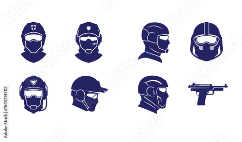 Vector illustrations of military helmets and gun depicting soldier headwear and combat weaponry