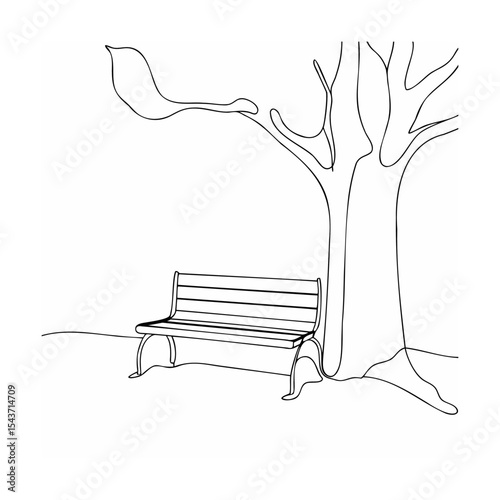 Black Line Art Park Bench Under Tree Branch black and white