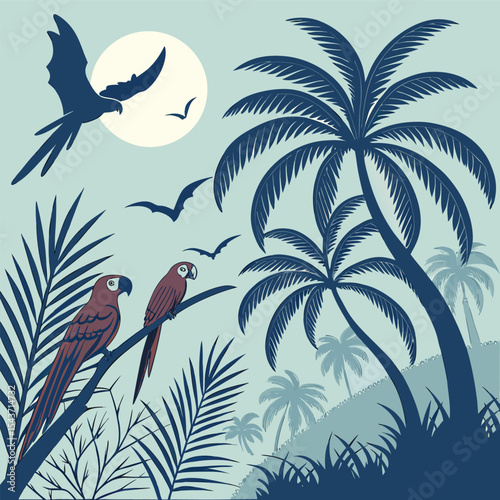 Tropical scene with parrots perched on a branch palm trees and birds flying against a bright moonlit sky