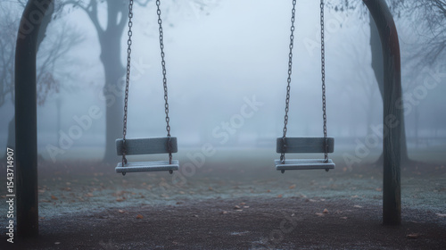 Empty swingset in a foggy park atmosphere with mystical hues on a overcast day