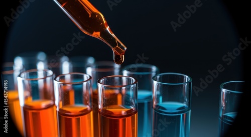 Droplet of liquid being dispensed into test tubes
