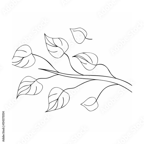 Black Line Art Branch with Seven Leaves Simple Nature Sketch